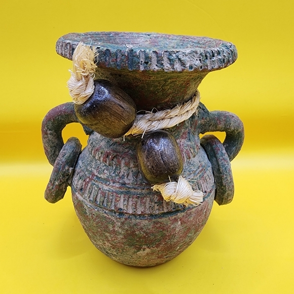 Other - Primitive Rustic Clay Pottery Pot Double Handled Rings 4 Inch